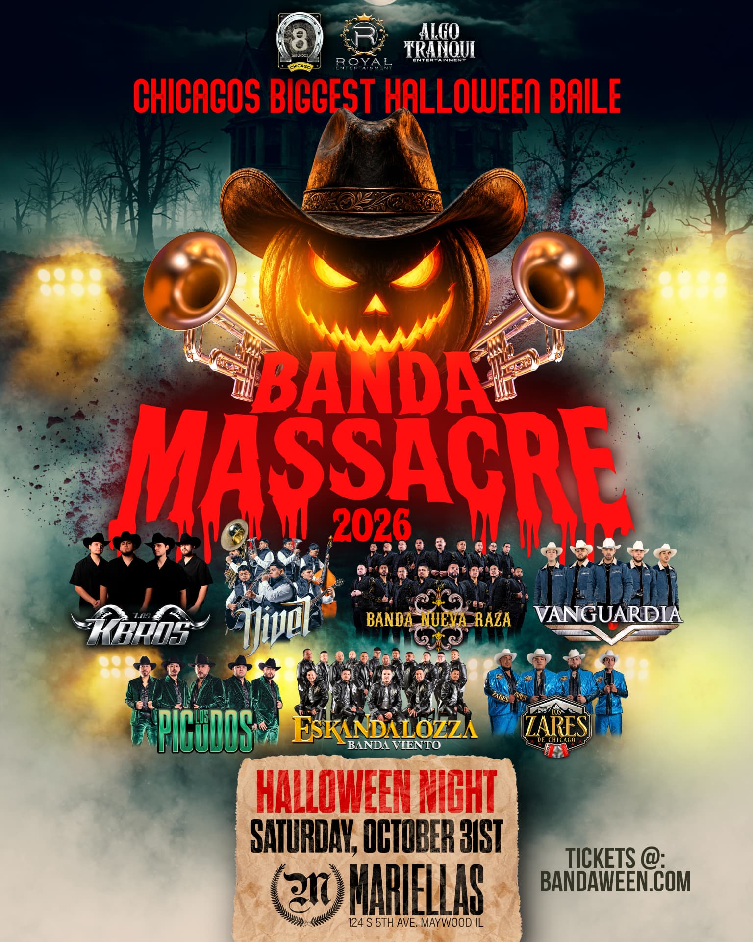 Banda Massacre 2026 flyer — Halloween Night, Mariellas Maywood